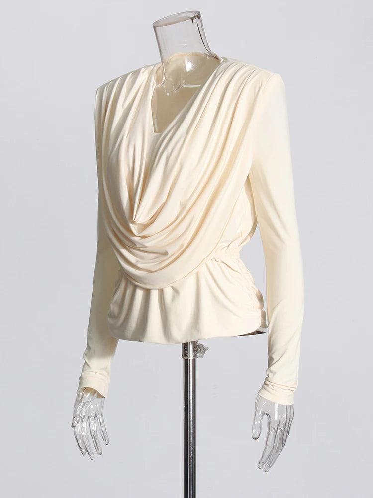 Patricia Spliced Folds Blouse — shirts & tops in beige — close-up detail