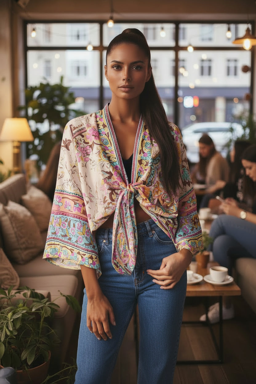 Floral Kimono Cover Up Top – red – floral print