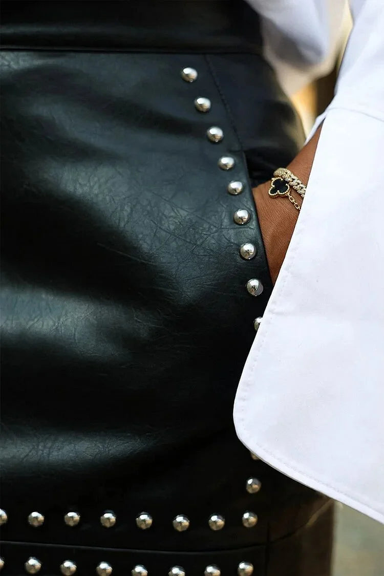 Faux Leather Studded Split Skirt