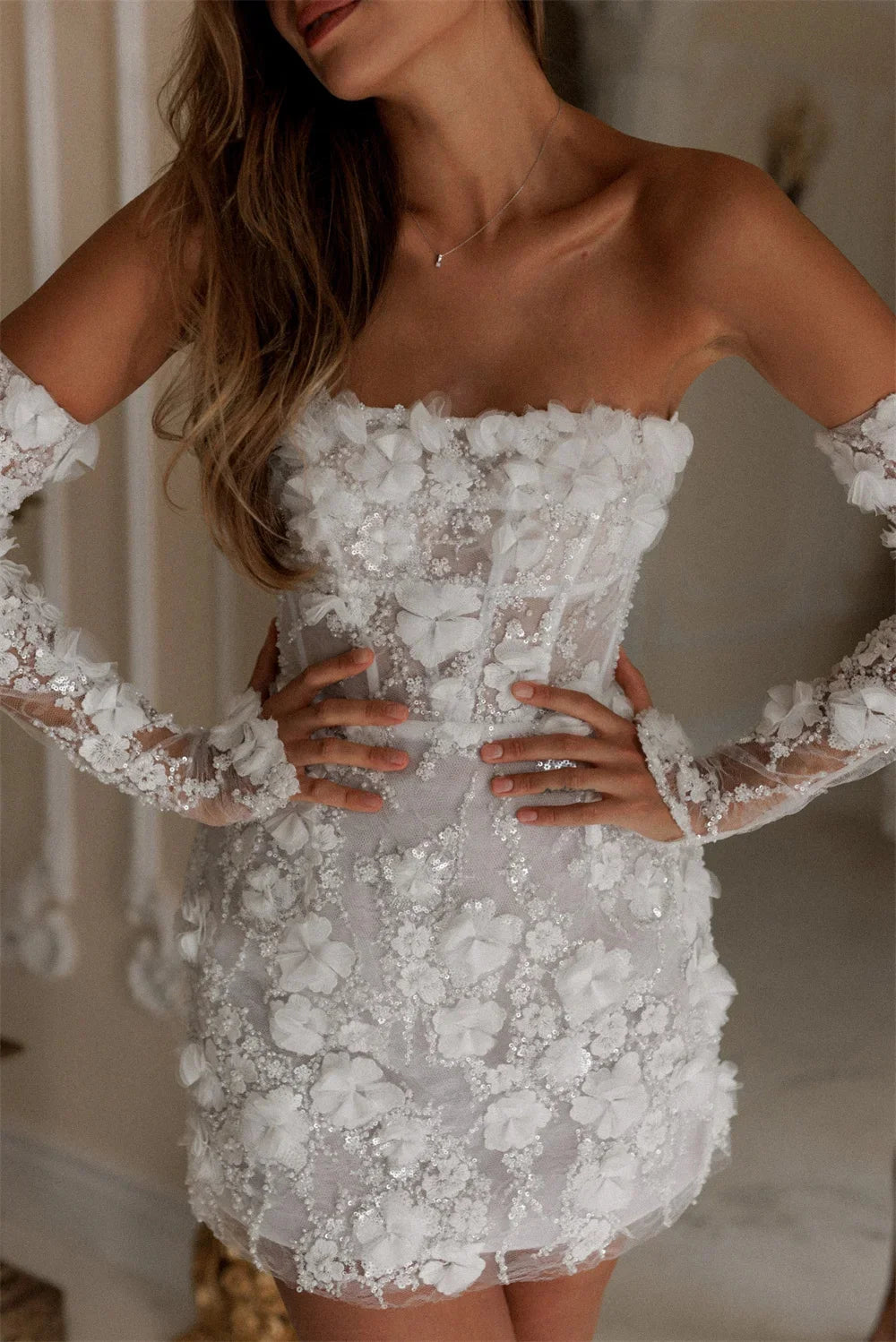 Custom Beaded Lace Mini Wedding Dress
