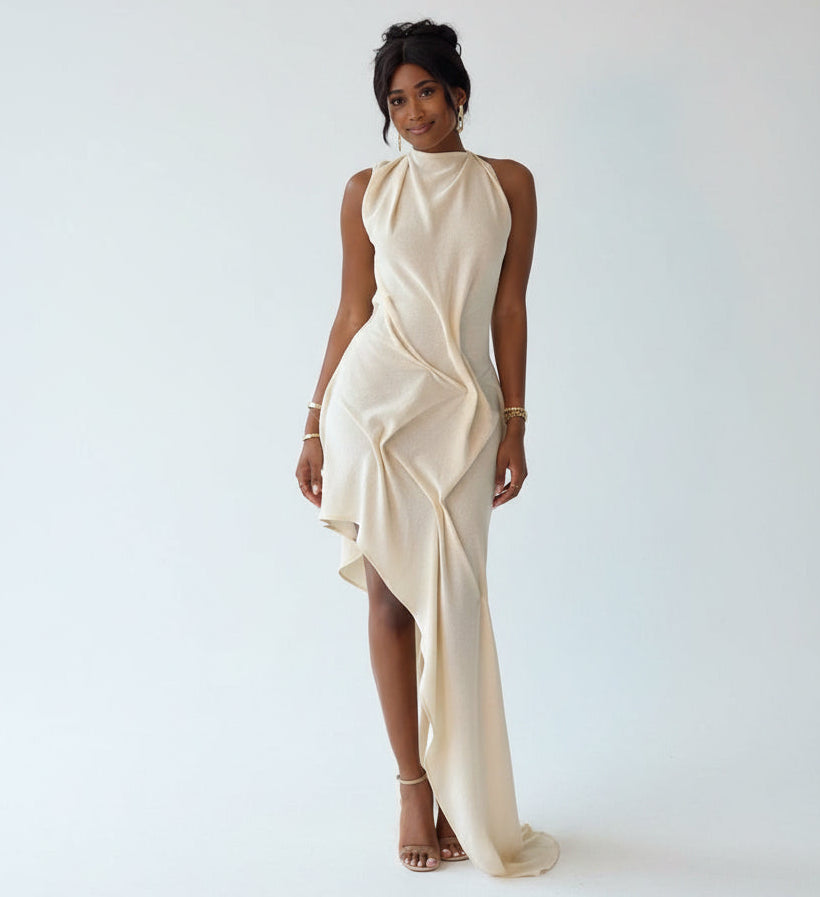 Woman in a beige dress with a white background