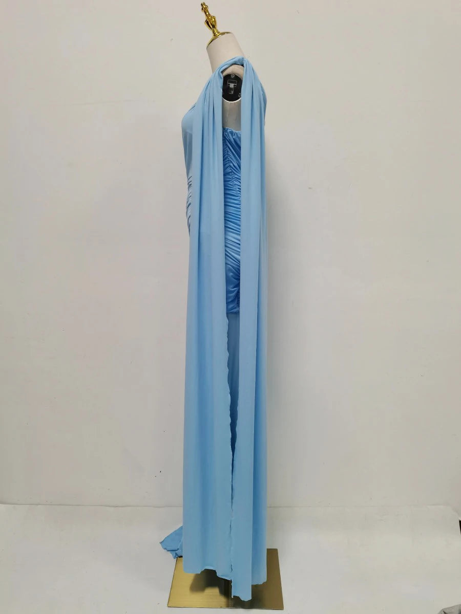 Amy One Shoulder Sheer Cape Dress – wine – sheer finish
