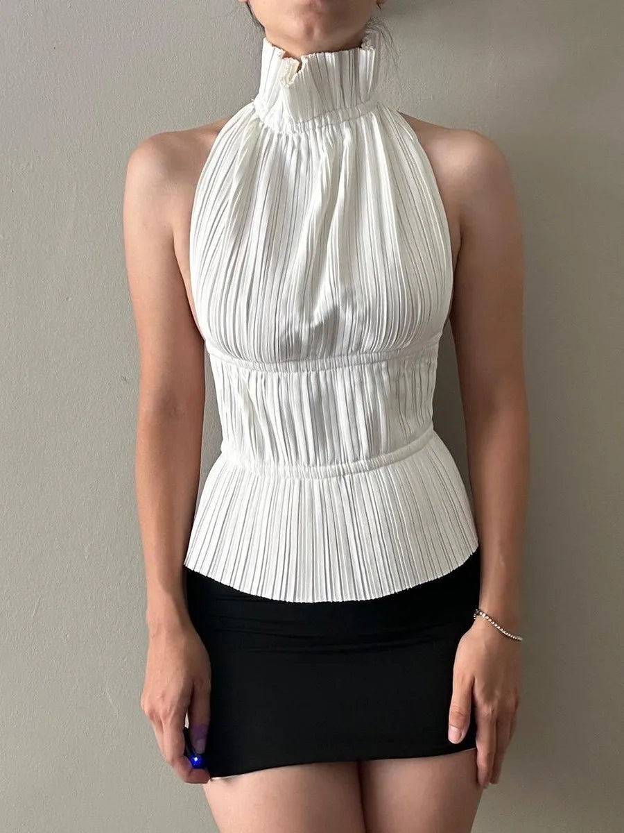 Marie High Neck Backless Top — shirts & tops in white — back view