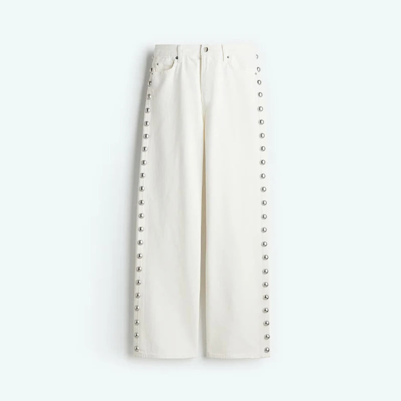 Beaded Wide Leg Straight Denim