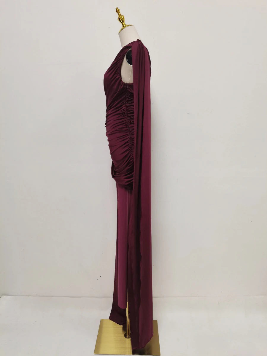 Amy One Shoulder Sheer Cape Dress – wine – sheer finish