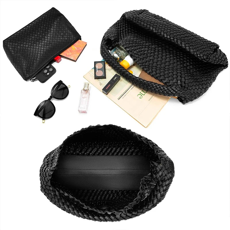 Theresa Soft Woven Tote Bag – black – woven texture