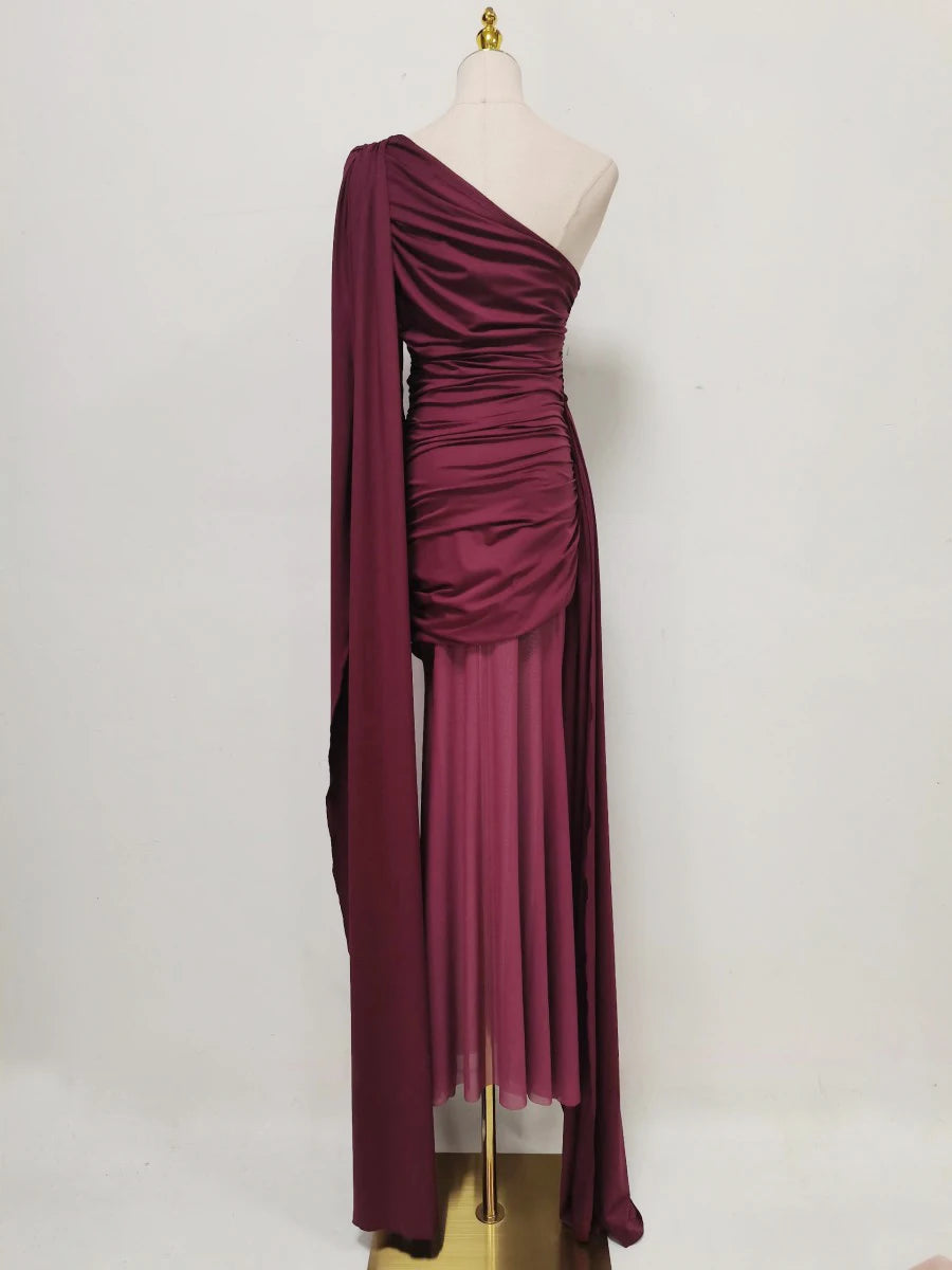 Amy One Shoulder Sheer Cape Dress – wine – sheer finish