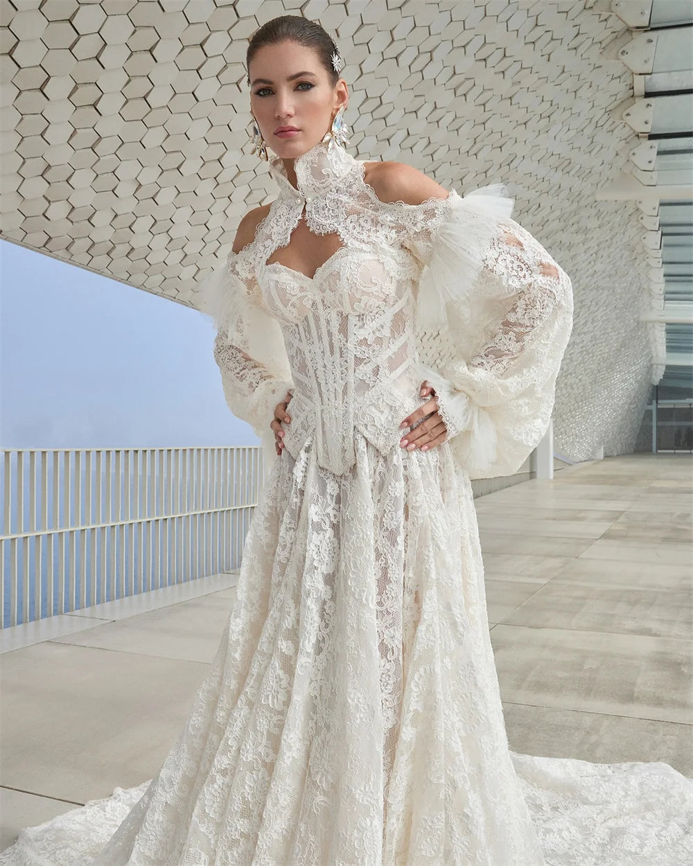 Seraphine Puff-Sleeve Lace A-Line Bridal Gown — wedding dresses in white lace detail — close-up detail