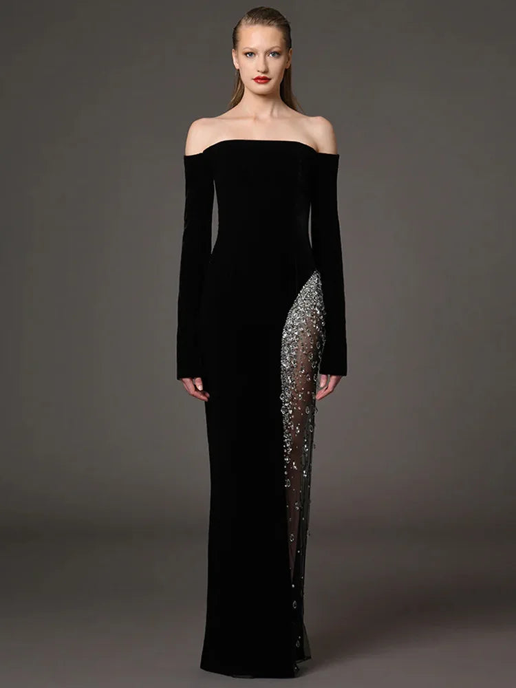 Nadia Crystal Beaded Slit Dress – black – beaded detail