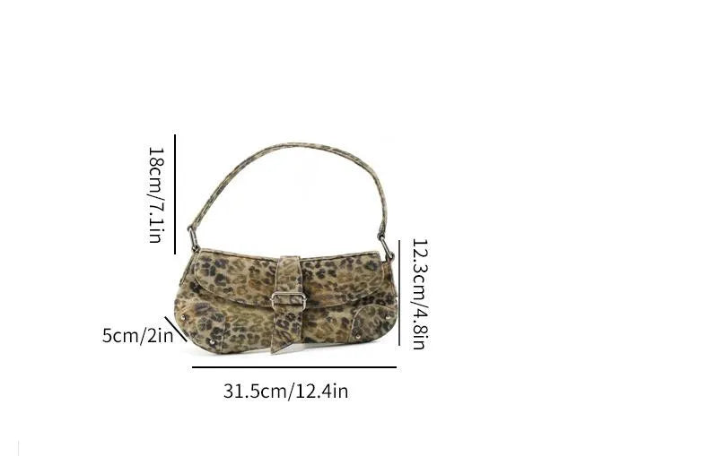 Leopard print handbag with dimensions labeled on a white background