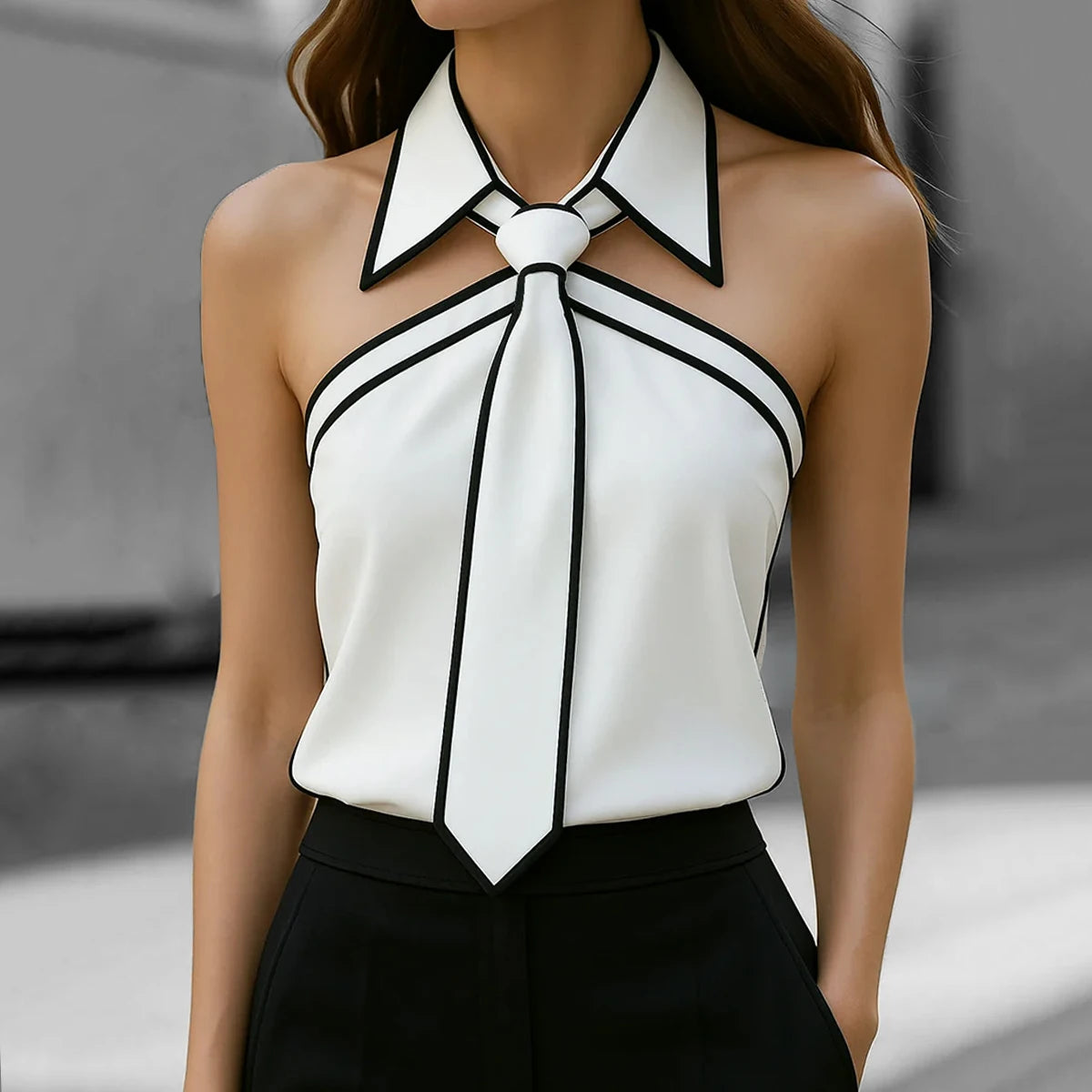 Tie Neck Lapel Blouse