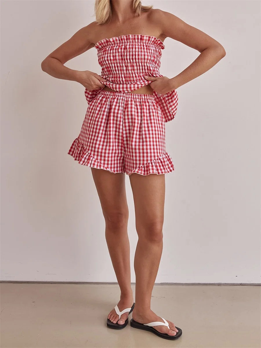 Picnic Plaid Off-Shoulder and Ruffled Set