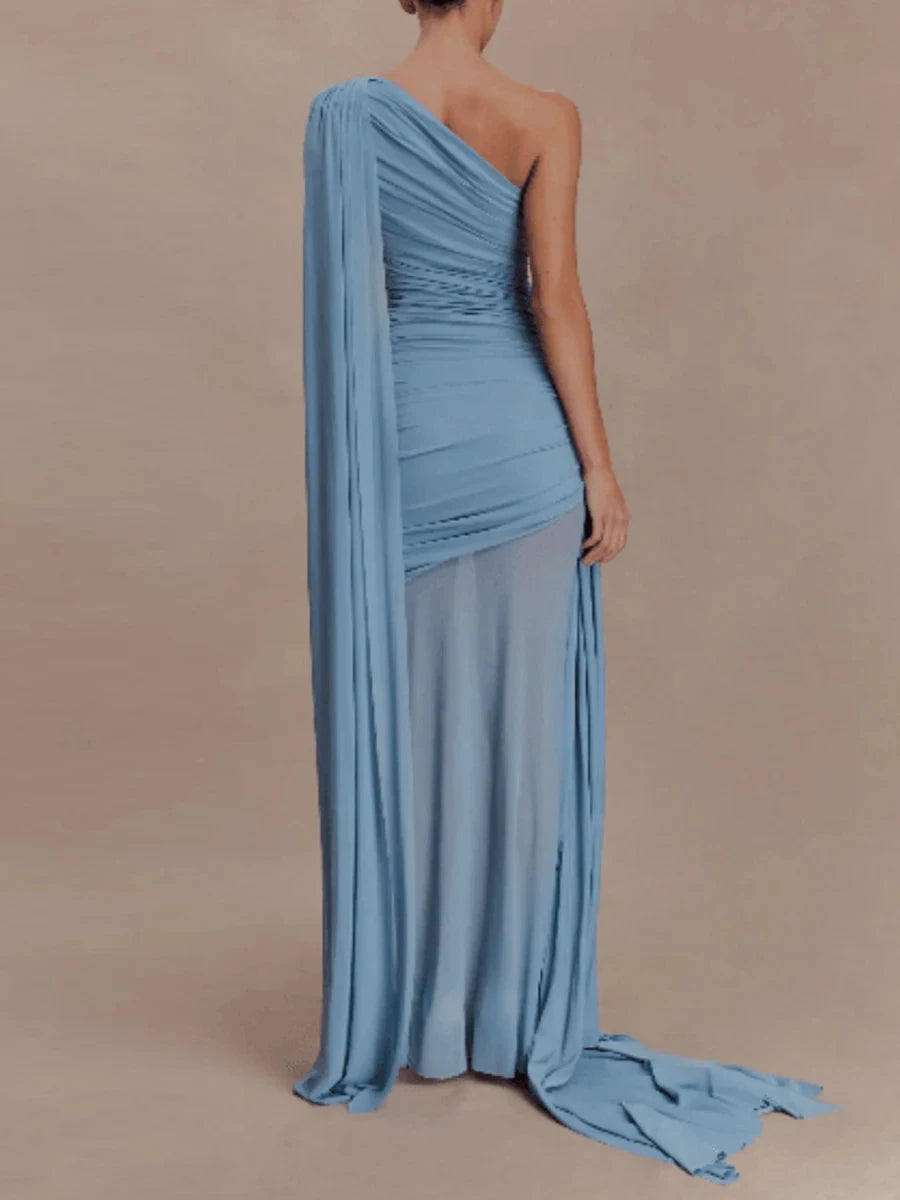 Amy One Shoulder Sheer Cape Dress – wine – sheer finish