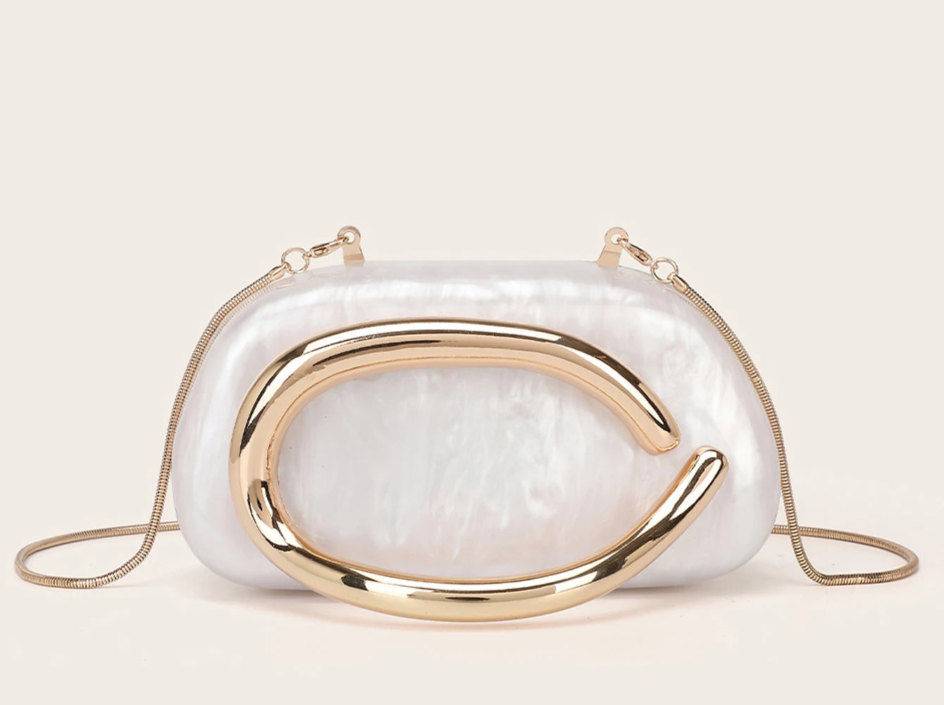 Metal handle clutch bag front view with structured hardware design