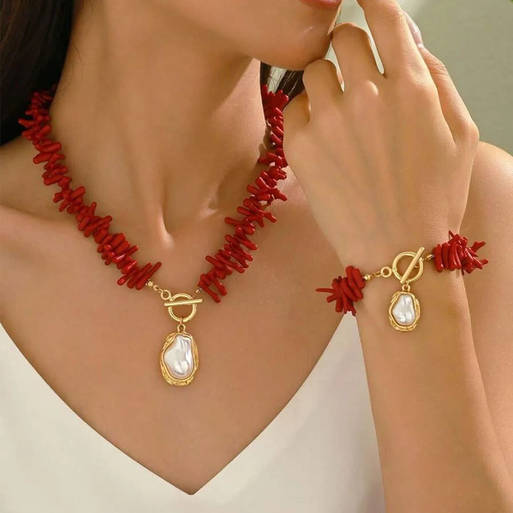 Red Coral and Faux Pearl Set