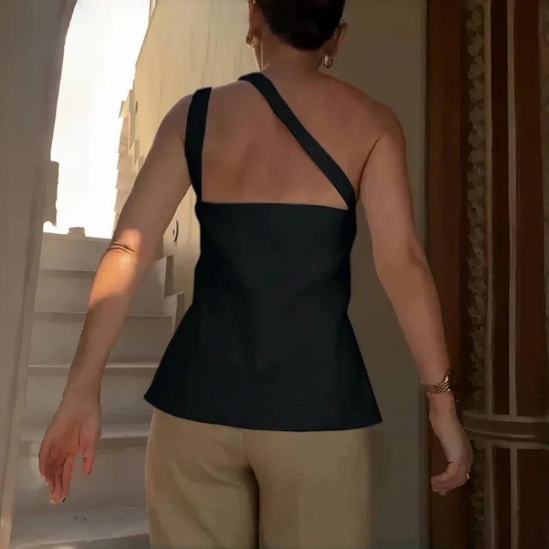 Wendy Asymmetrical Vest Top — shirts & tops in white — close-up detail