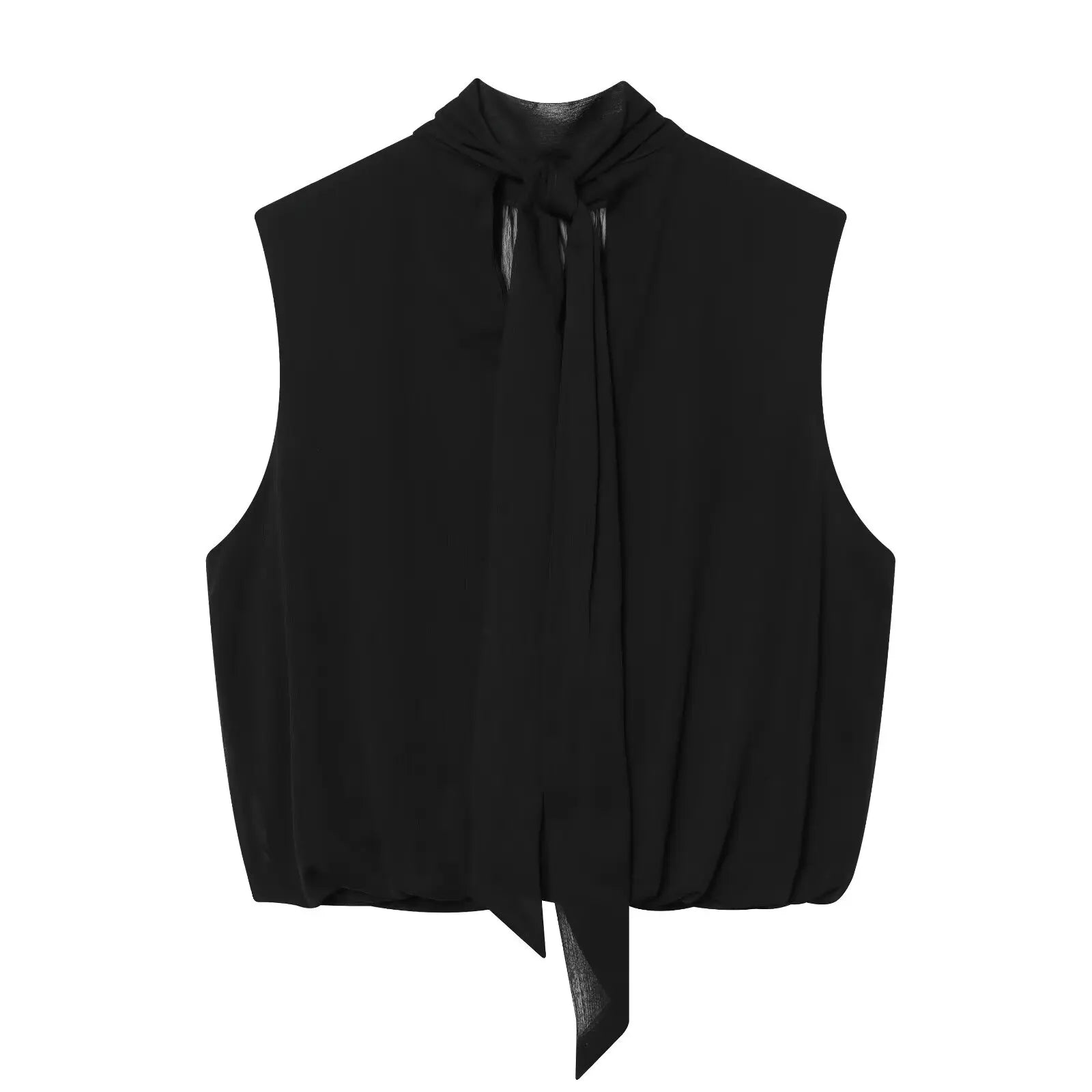 Black sleeveless top with a tie detail on a white background