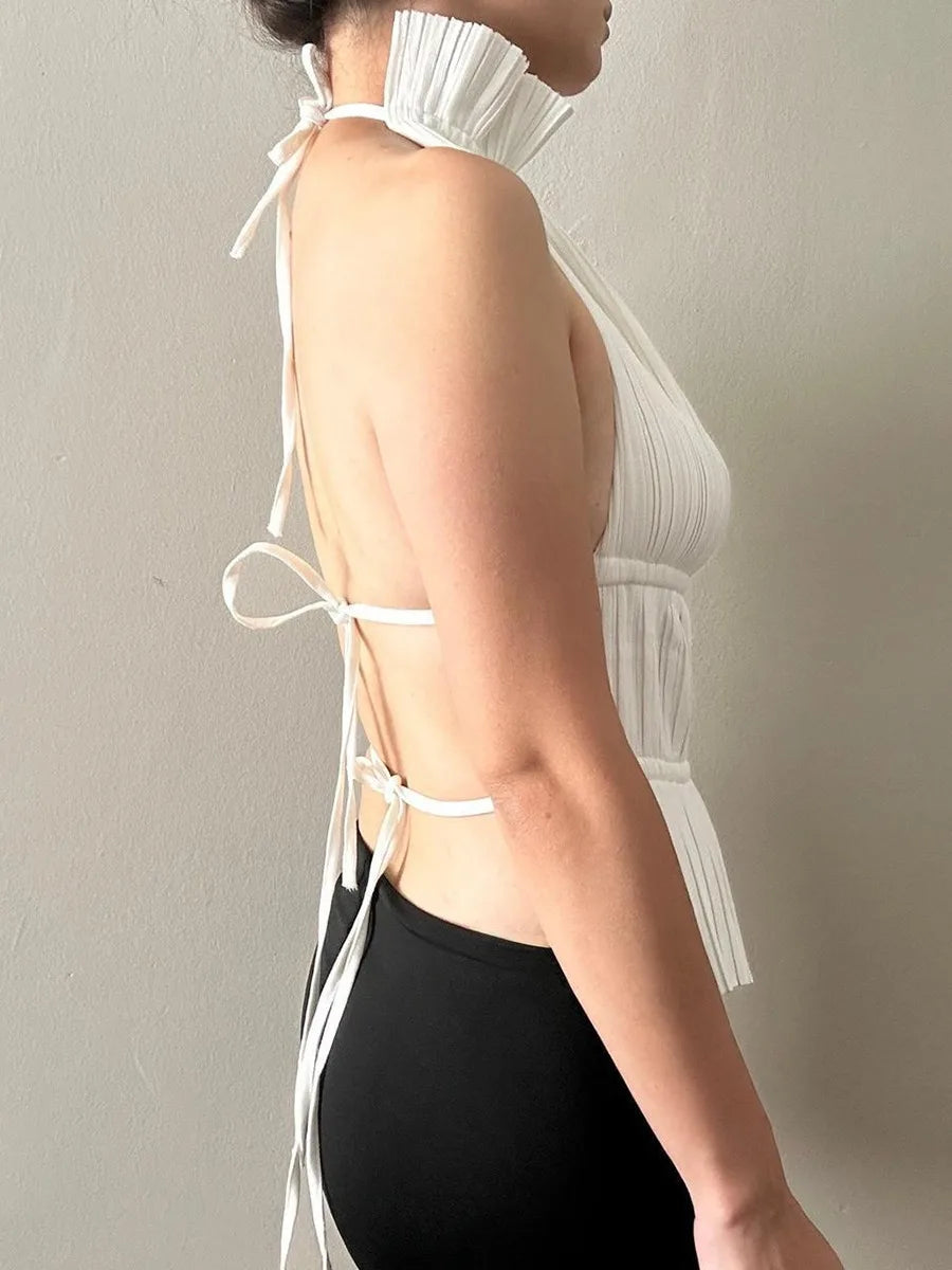 Marie High Neck Backless Top — shirts & tops in white — front view