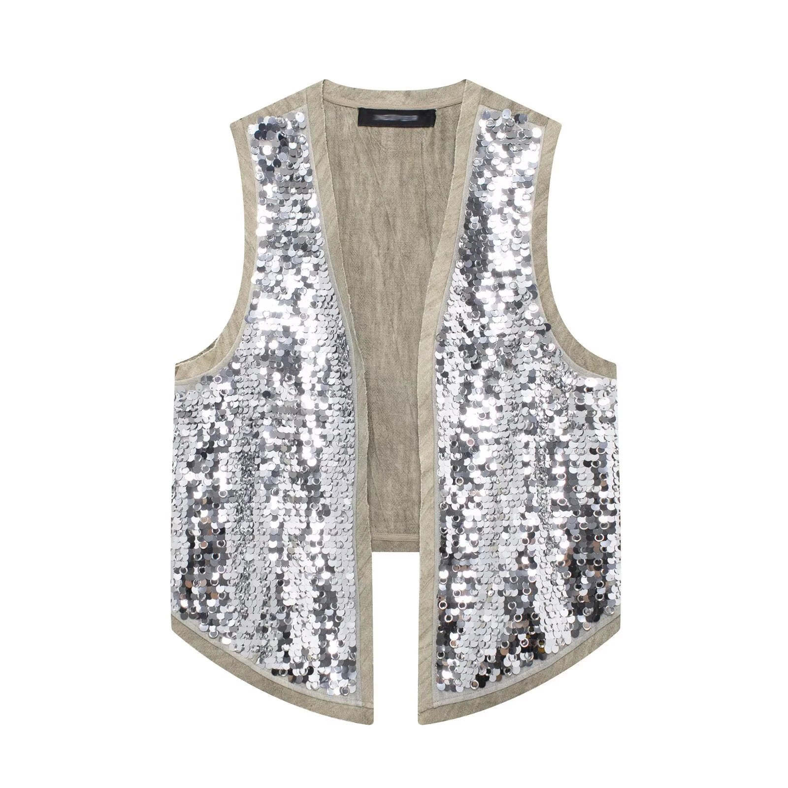 Claire Silver Sequin Open Vest