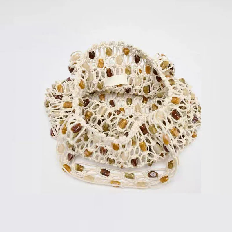 Beaded Woven Bucket Bag – straw bucket shoulder bag