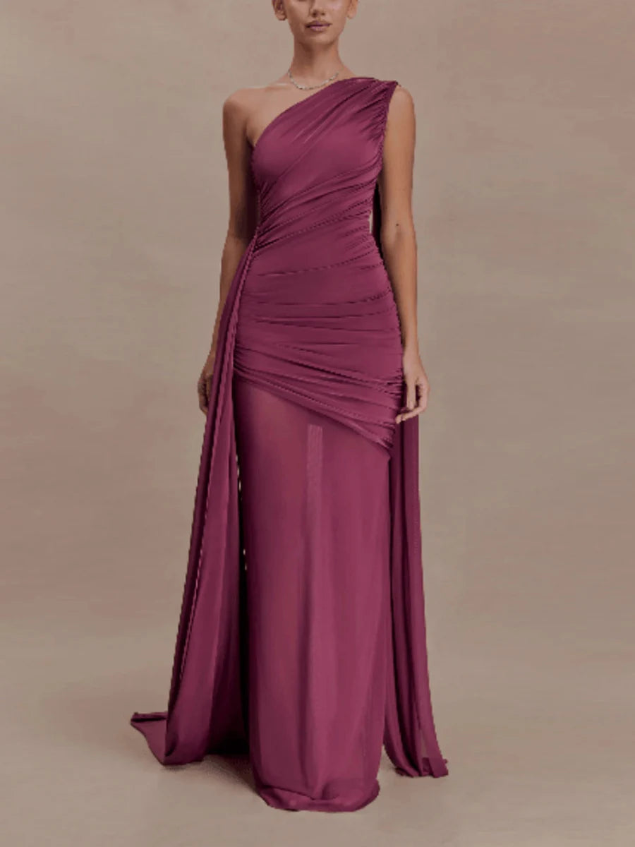 Amy One Shoulder Sheer Cape Dress – wine – sheer finish
