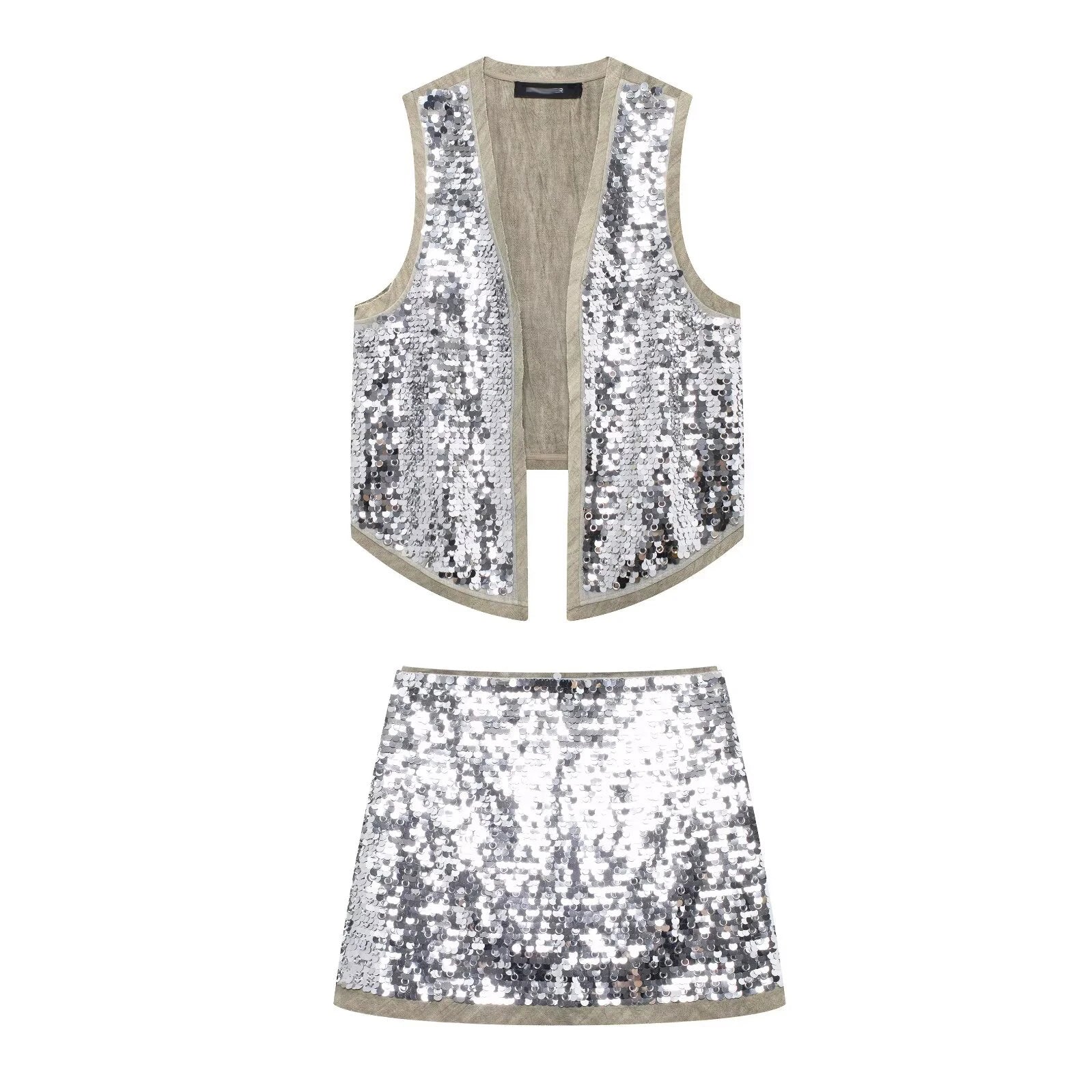 Claire Silver Sequin Open Vest