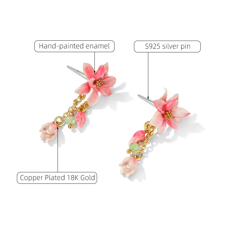 18k Gold Pink Magnolia Flower Earrings – pink – flower detail
