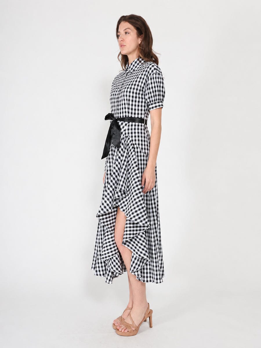 Plaid Pattern Asymmetrical Ruffle Midi Dress