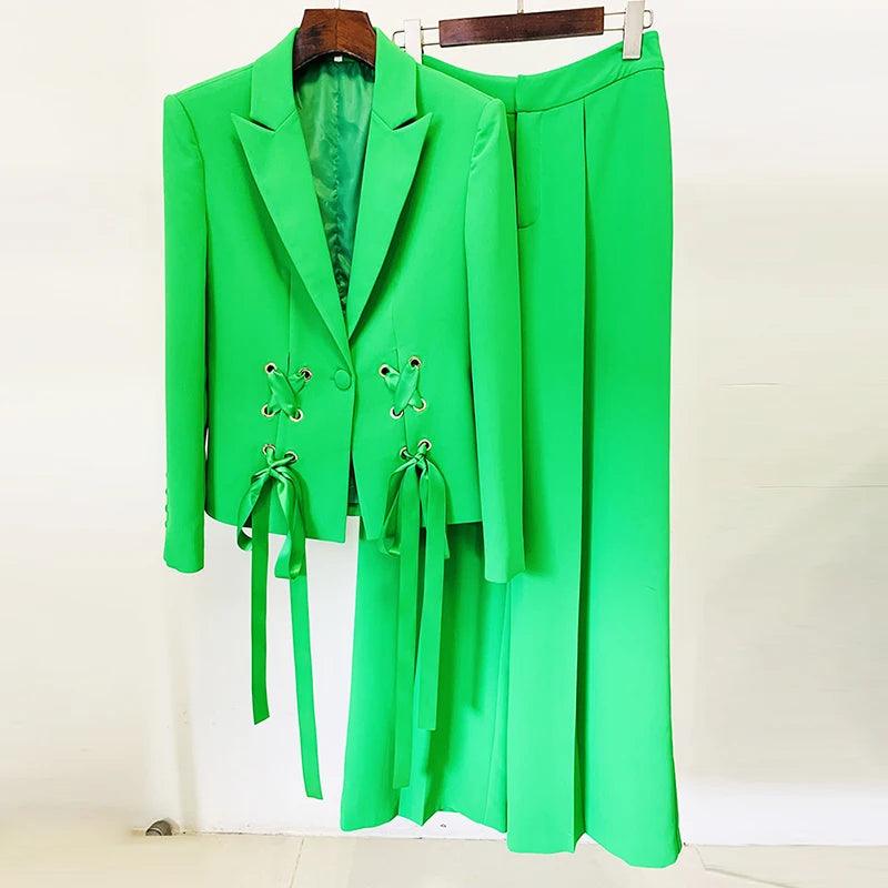 Ribbons Lacing Two Piece Green Suit Set from The House of CO-KY - Outfit Sets